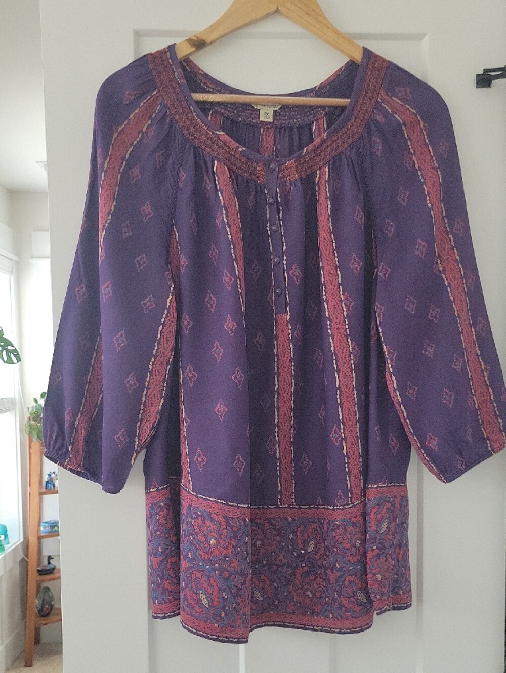 Lucky Brand Purple Patterned Peasant Blouse with Coral Accents